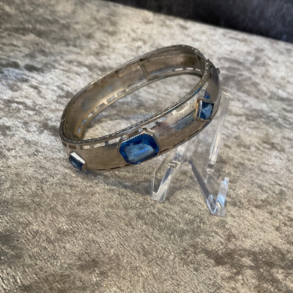 SOLD - Vintage Silver Hinged Bangle Bracelet with Blue Stones